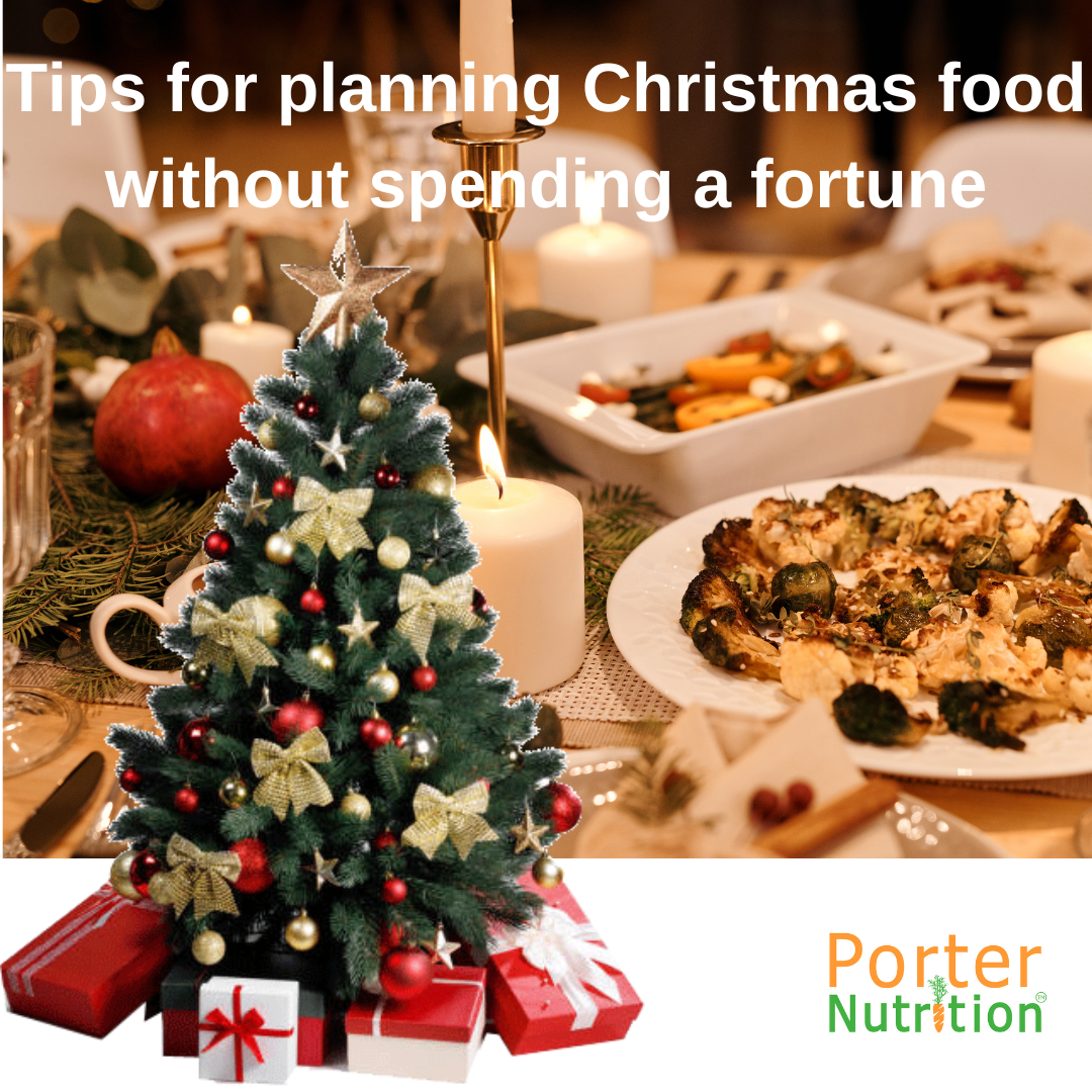 Christmas tree with Christmas food in the background with text saying Tips for Planning Christmas Food without spending a fortune